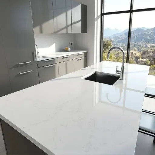 Modern kitchen countertop in Mentone CA with polished quartz surface, stainless steel fixtures, matte gray cabinetry, and mountain views