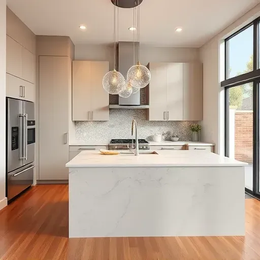 Modern Mentone CA kitchen remodel with matte cabinets quartz island stainless appliances pendant lighting earthy backsplash hardwood floor