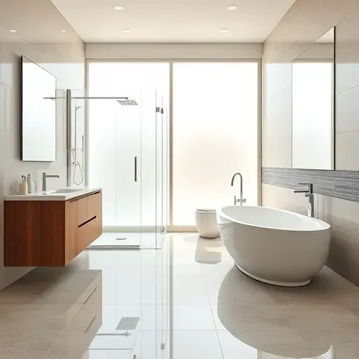 Renovated Mentone CA bathroom with modern fixtures, glass shower, freestanding tub, tiled floors, wooden vanity, and subtle lighting
