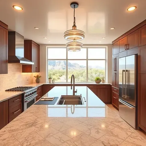 Completed modern kitchen lighting in Mentone CA with sleek pendant lights, stainless steel appliances, and scenic desert views