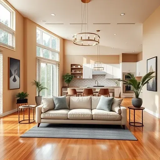 Remodeled living room in Bloomington CA featuring natural light, modern decor, and sleek kitchen integration.