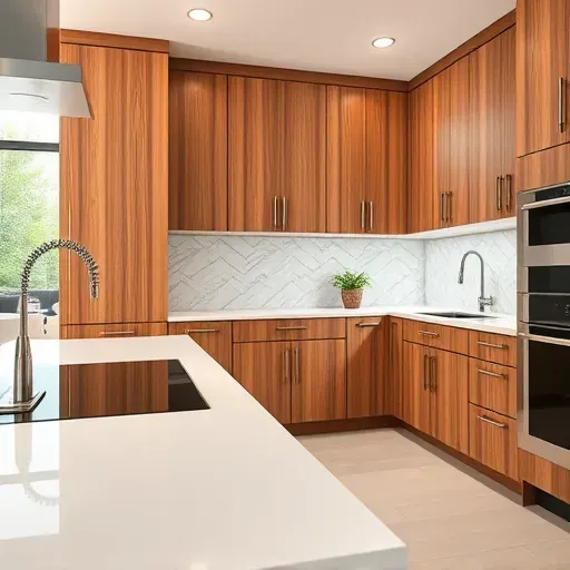 Refurbished modern kitchen with polished wood grain cabinets, sleek hardware, bright natural light, and stylish neutral decor