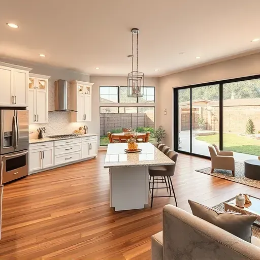 Modern kitchen remodel in Ontario Ranch CA features sleek cabinetry, granite countertops, and a spacious living area.