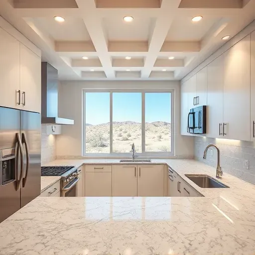 Modern kitchen in Mentone CA with recessed LED lighting, granite countertops, white cabinets, stainless appliances, and desert view