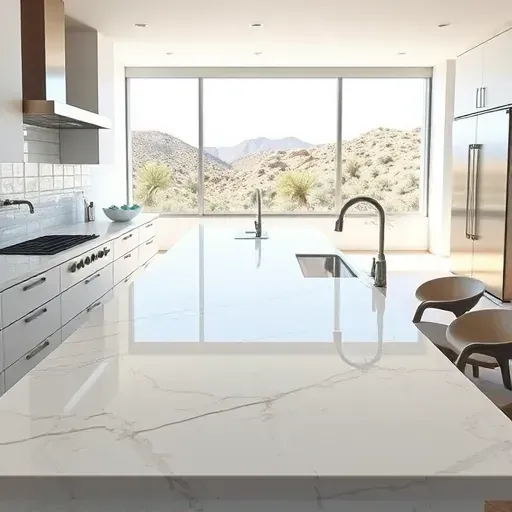 Metone CA modern kitchen with polished quartz countertop, sleek backsplash, stainless steel appliances, and desert outdoor views