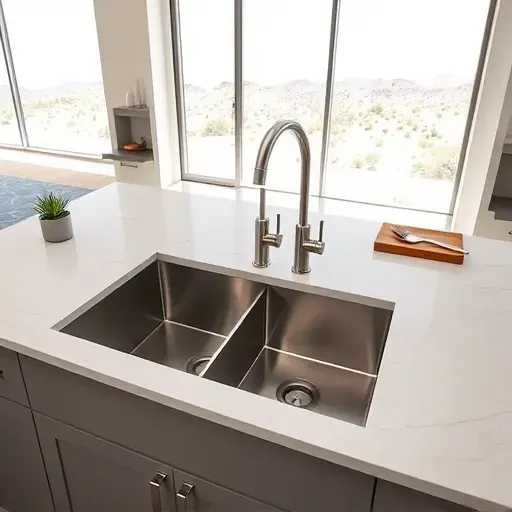 Modern stainless steel double-basin kitchen sink in a stylish Mentone California kitchen with quartz countertops and natural desert views