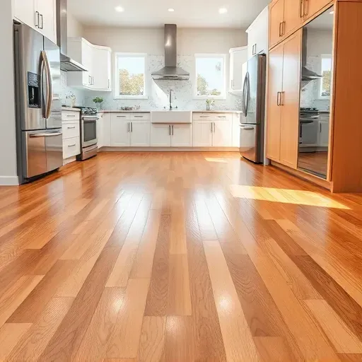 Completed polished hardwood kitchen floor in Mentone CA with natural wood grains amid modern white cabinets and stainless steel appliances