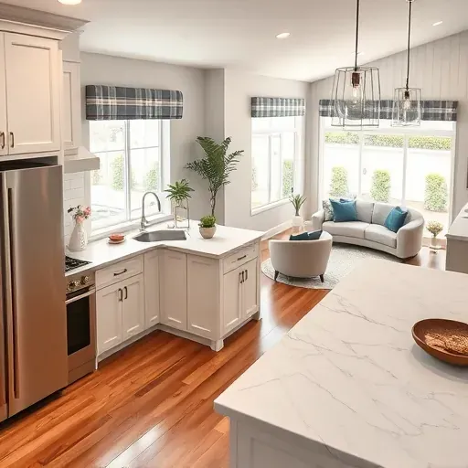 Modern kitchen remodel in Yucaipa, CA with stainless steel appliances, marble countertops, and natural light.
