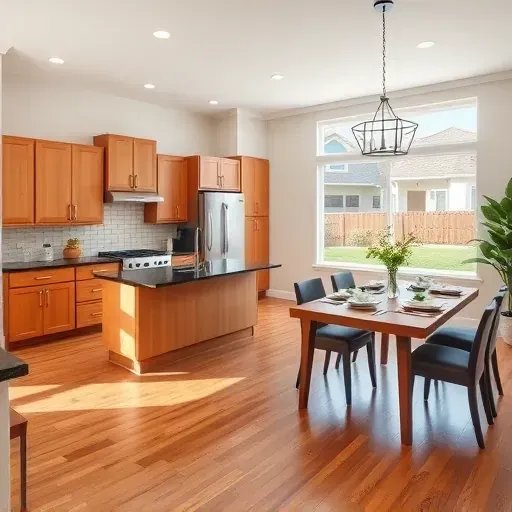 Renovated Pomona kitchen with modern fixtures, dark granite island, and natural light highlighting elegant decor.