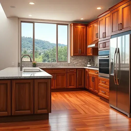 Custom modern kitchen in Mentone CA with warm wood cabinets granite counters stainless appliances and scenic window view