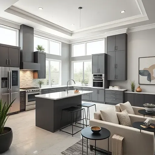 Home remodeling in Fontana, CA featuring modern open-concept living space with high-end kitchen and neutral toned decor.