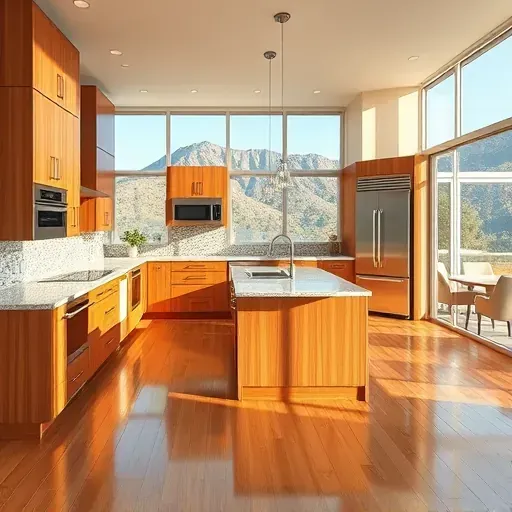 Completed kitchen remodel in Mentone CA with modern design, granite countertops, wood cabinetry, and mountain views.