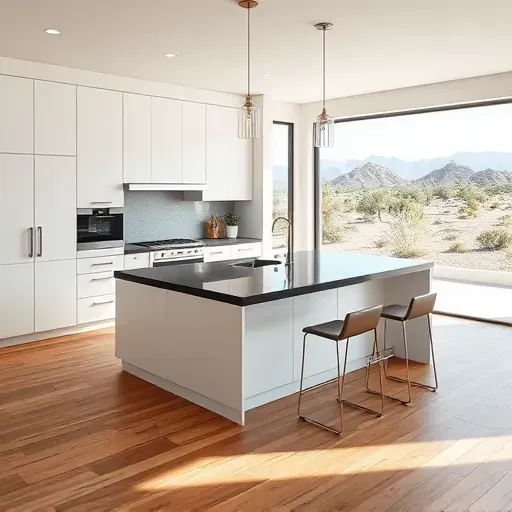 Modern open-concept kitchen in Mentone California with white cabinetry, dark granite island, hardwood floors, and mountain view