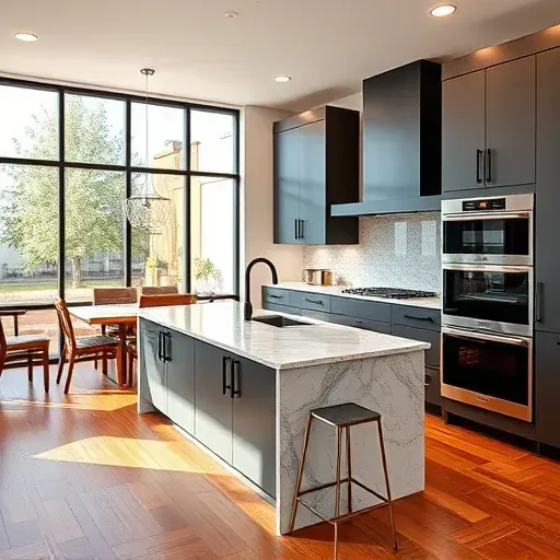 Modern kitchen remodel in Mentone CA with sleek cabinetry, granite island, stainless appliances, and elegant decor.