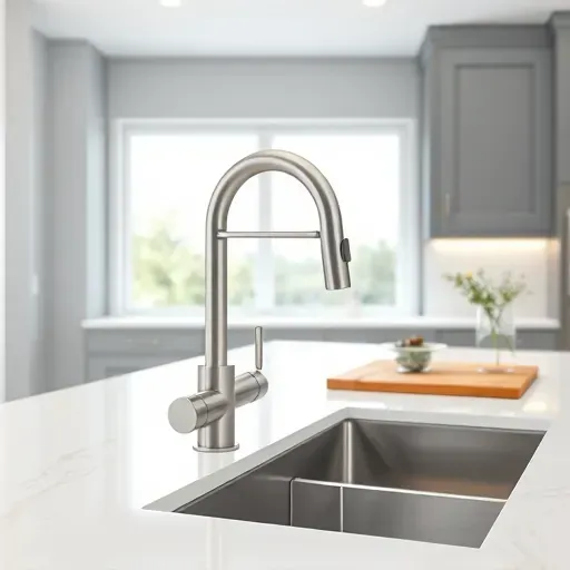 Sleek stainless steel kitchen faucet mounted on white quartz countertop in a modern high-end kitchen with gray cabinetry and natural light