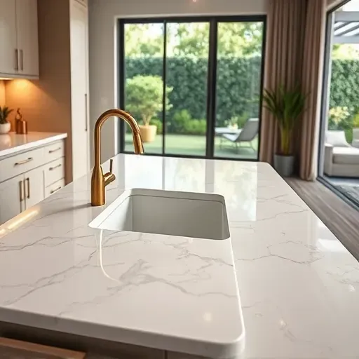 Mentone CA modern kitchen with polished marble countertop, sleek sink, brass fixtures, neutral walls, natural light, lush garden view