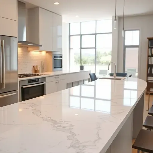 Beautiful polished marble countertop with intricate veining in a modern Mentone kitchen featuring sleek cabinetry stainless steel appliances and natural daylight