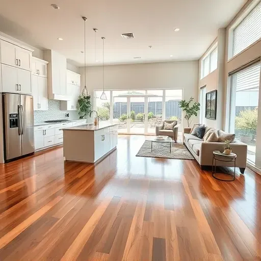 Modern open-concept living area in Highland CA featuring hardwood floors, sleek kitchen, and cozy seating.