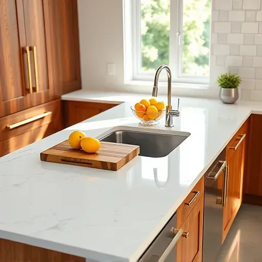 Modern kitchen countertop in Mentone CA with polished quartz, sleek edges, stylish accessories, wood cabinets, and neutral subway tile backsplash