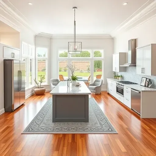 Modern open-concept living space in Redlands CA with hardwood floors, marble kitchen island, and natural light.