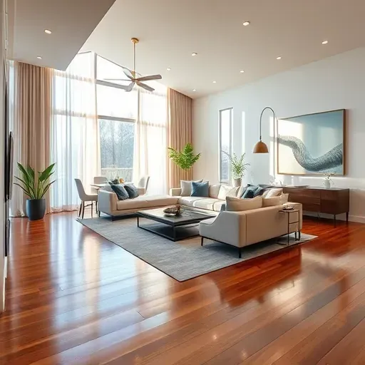 Modern Bloomington CA living room with polished hardwood floors, elegant lighting, stylish furniture, and creative decor.