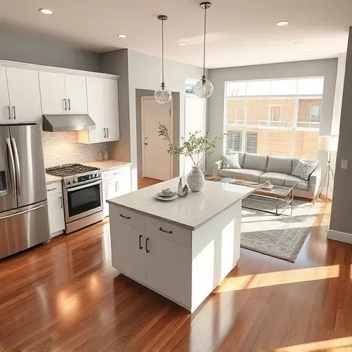 Completed home remodeling in Grand Terrace CA featuring a renovated kitchen with quartz countertops, modern appliances, and warm wooden floors.