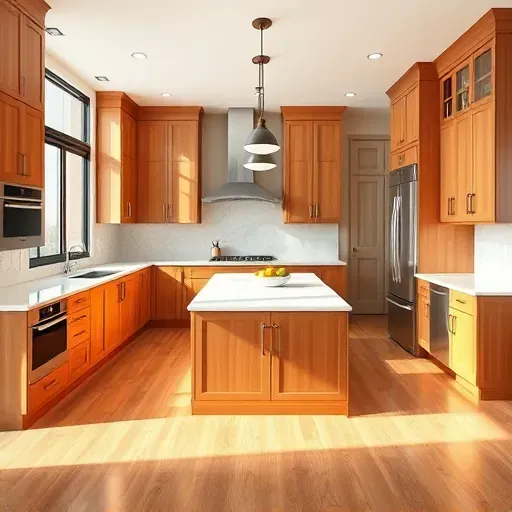 Renovated kitchen in Mentone CA featuring quartz countertops, marble island, wood cabinets, and ample natural light.