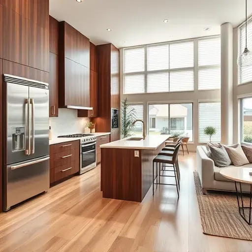 Modern kitchen remodel in Loma Linda CA with walnut cabinetry, white quartz countertops, and stainless steel appliances.