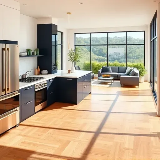 Modern kitchen remodel in Mentone Hills CA, featuring navy and white cabinetry, quartz countertops, and sunny living area.