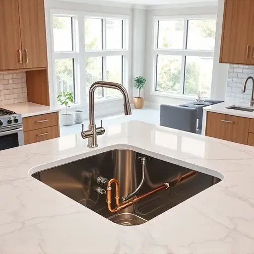 Finished modern kitchen in Mentone CA showing sleek stainless steel sink, copper pipes, marble countertop, and stylish cabinetry