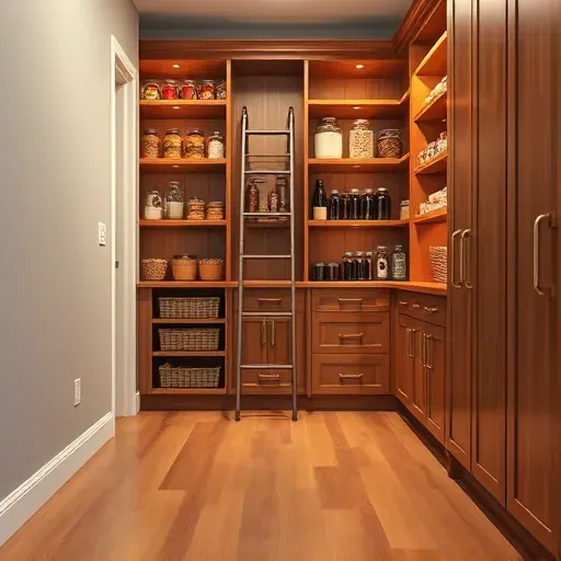 Beautiful finished walk-in pantry with wooden shelves glass jars canned goods and a rolling ladder in Mentone CA