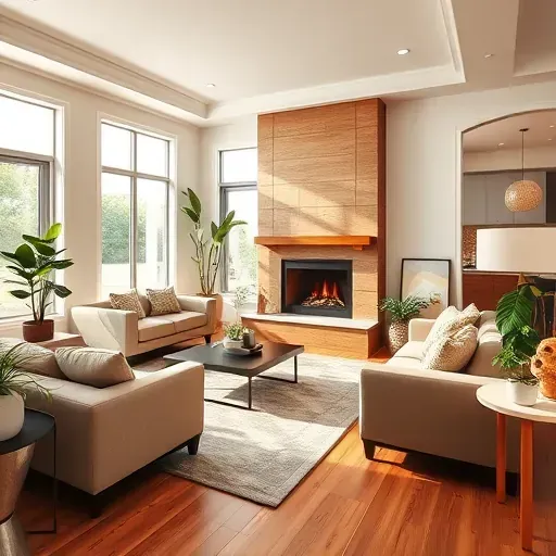 Completed home remodel in Grandview, CA features modern living room with elegant furniture, stylish fireplace, and natural light.