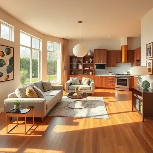 Elegant living room in Pomona CA with contemporary furniture, warm colors, large windows, and modern kitchen design.