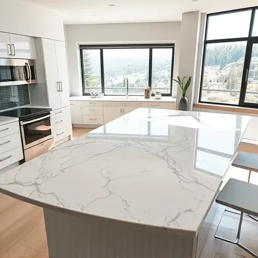 Freshly installed marble kitchen countertop in Mentone CA with intricate veining, smooth finish, modern appliances, and natural light