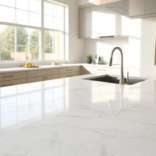 Freshly installed quartz countertop in a modern kitchen with glossy surface, subtle veining, and elegant cabinetry in Mentone CA