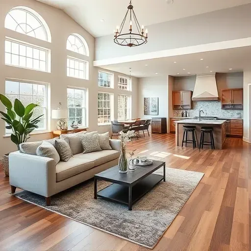 Remodeled living space in Claremont CA featuring modern design, high ceilings, large windows, and a cozy atmosphere.