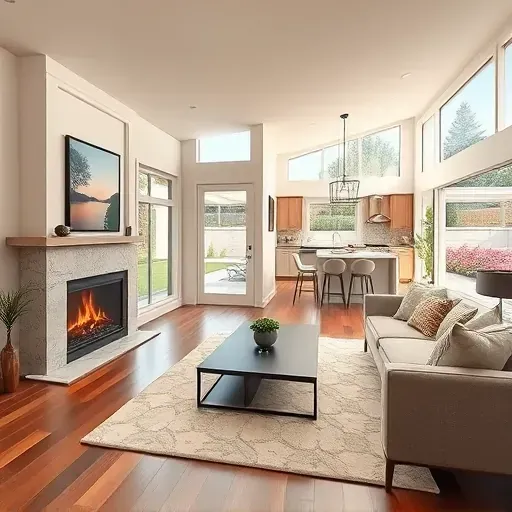 Renovated living room in Upland CA with modern furnishings, sleek fireplace, hardwood floors, and an open kitchen.