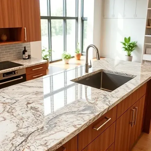 Finished granite kitchen countertop in Mentone CA with polished surface, natural veining, modern fixtures, and warm cabinetry