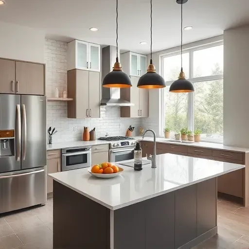 Freshly completed modern kitchen lighting in Mentone CA with pendant lights, stainless steel appliances, quartz countertops, and natural sunlight.