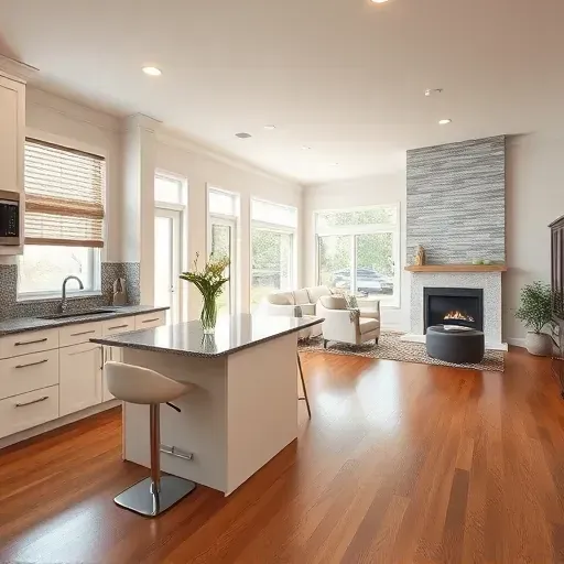 Modern kitchen remodel in Highland CA with custom white cabinetry, gray granite counters, and inviting hardwood floors.