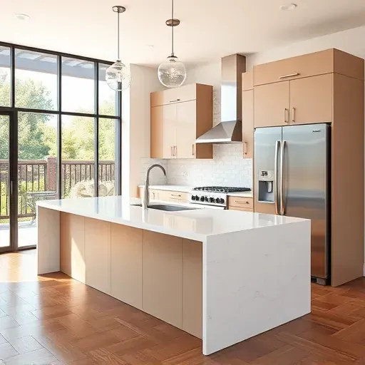 Modern kitchen remodel in Mentone CA featuring sleek cabinetry, stainless appliances, quartz island, and natural light.