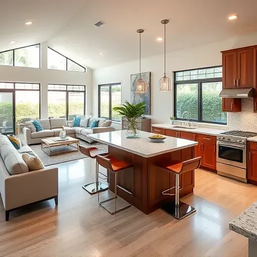Modern kitchen remodel in Moreno Valley CA featuring custom cabinetry, granite countertops, and open-concept living space.