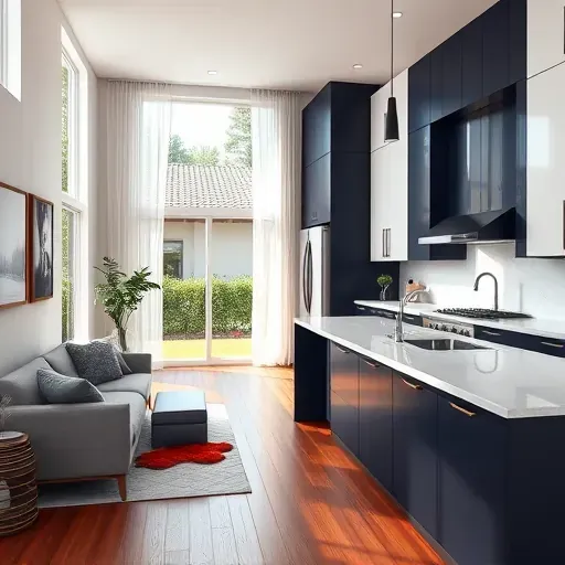 Bright modern kitchen in Upland CA features navy and white cabinetry, stainless appliances, and warm natural light.