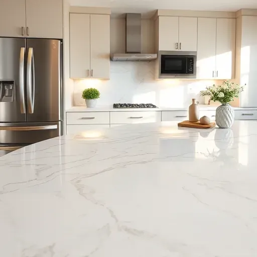 Newly installed polished marble kitchen countertop in Mentone CA with natural veining, modern cabinetry, stainless steel appliances