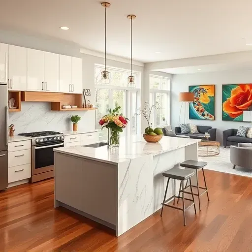 Completed kitchen remodel in Claremont CA with modern cabinetry, marble counters, stainless appliances, and natural light.