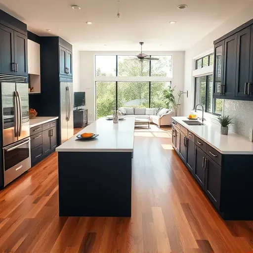 Modern kitchen remodel in Mira Loma CA featuring navy and white cabinetry, quartz island, and ample natural light.