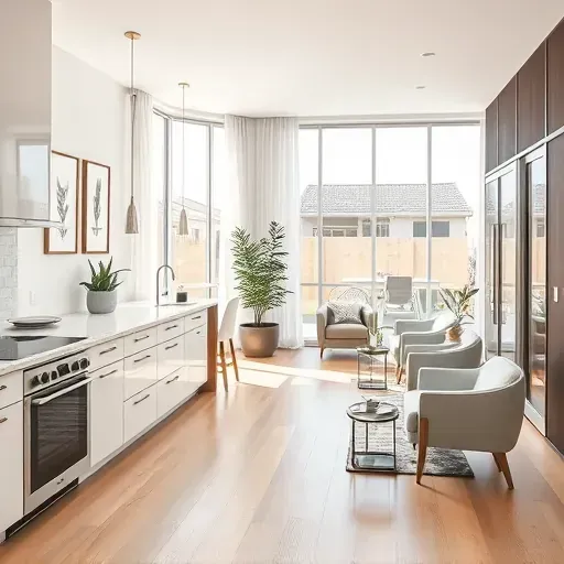 Modern kitchen remodel in Rialto CA with stainless steel appliances, quartz countertops, and elegant decor in natural light.