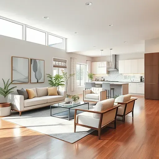 Modern living room in Perris CA featuring open layout, minimalist furniture, natural light, and stylish decor.