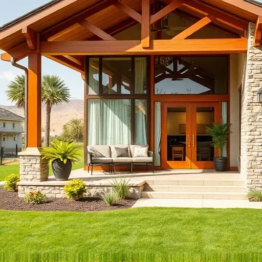 Home remodeling in Mentone, CA featuring a stylish house with wood and stone facade, inviting porch, and lush landscaping.