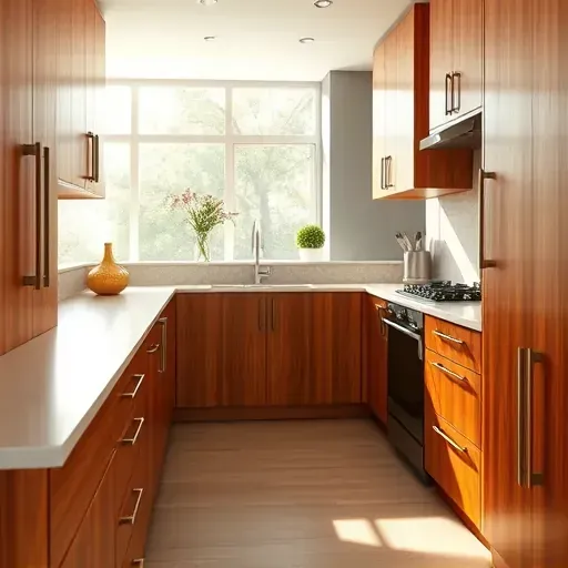 Custom warm wood grain kitchen cabinets in Mentone CA with polished countertops, elegant hardware, and natural light.